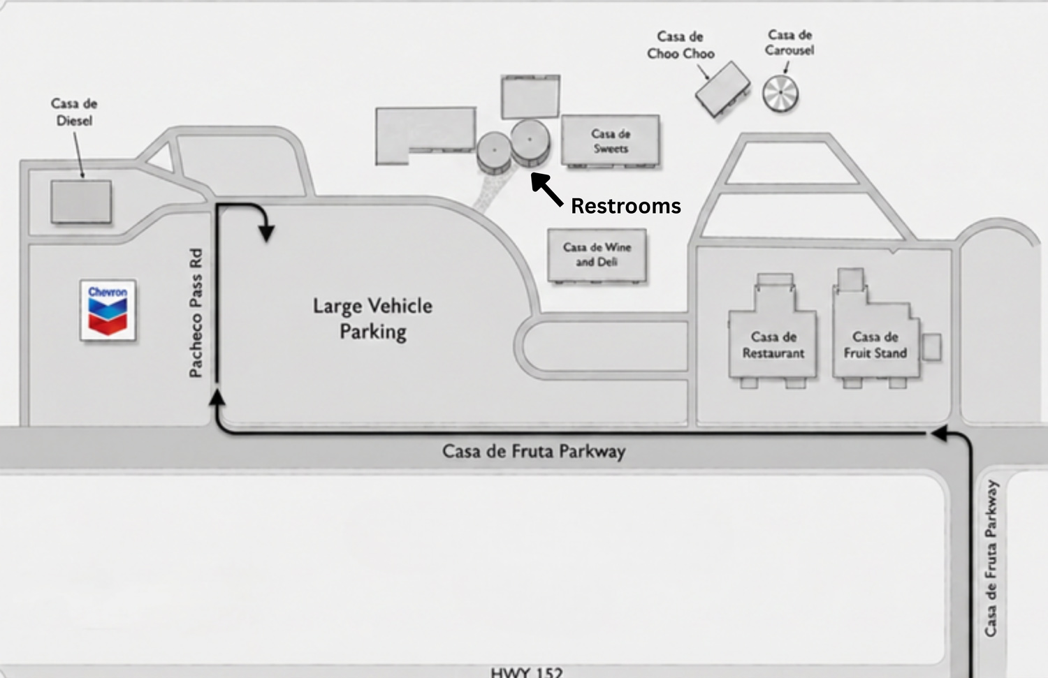 Map of the Large Vehicle Parking Area at Casa de Fruta, accessed from Pacheco Pass Road behind Casa de Wine, with passenger drop-off near the shops and restrooms