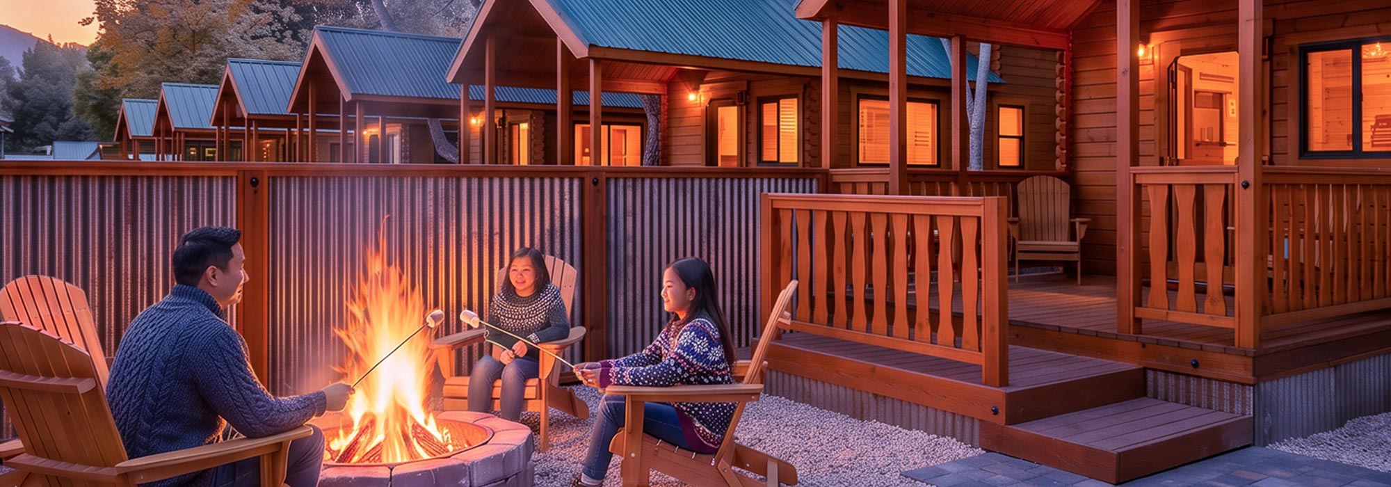 Guests around a fire pit outside the cabins at Casa de Fruta