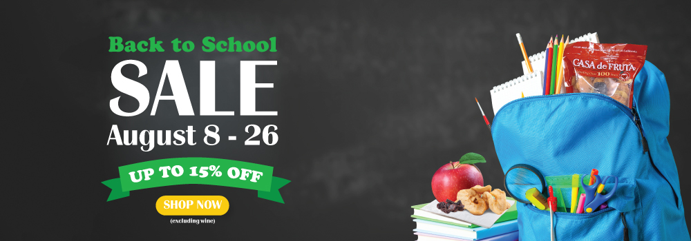 Back to School Sale with 15% off except wine